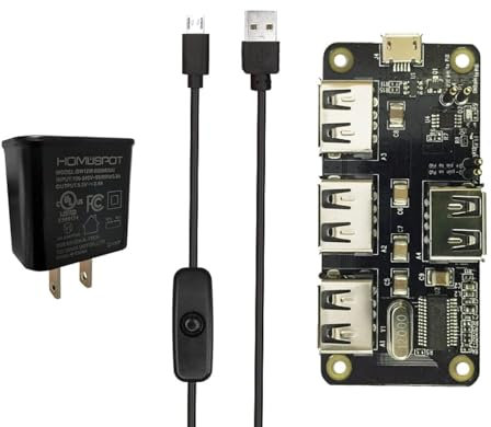 MakerSpot 4-Port Stackable USB Hub HAT for Raspberry Pi Zero V1.3 with 2.4A Power Supply & 1.5m Micro USB Cable with On Off Switch