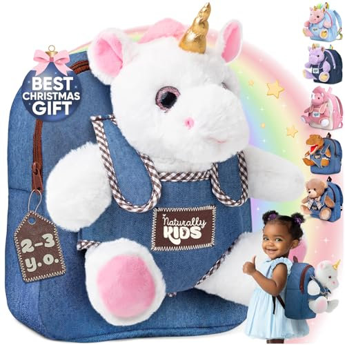 Naturally KIDS Rucksack Kinder m Spielzeug ab 2 Jahre Junge, Mädchen, Kindergartenrucksack Mädchen, Geschenk Mädchen 3 Jahre, Weißer Einhorn Kuscheltier