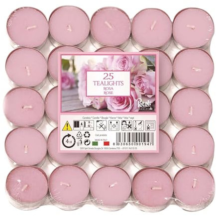 Price's Petali Brand Scented Tealights | 25 Pack Tealights 4 Hour Burn Time | Available in Multiple Scents (Rose)