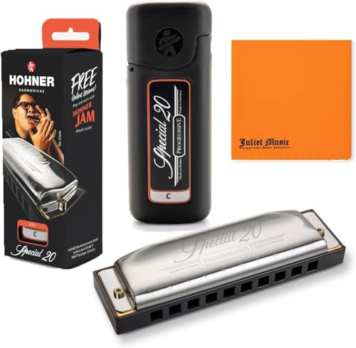 Hohner Special 20 Mundharmonika, 10 Löcher Dur C Bündel mit Hartschalenkoffer, Mini-Mundharmonika-Halskette und Julia-Musik-Poliertuch (C-Bundle)
