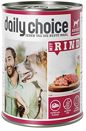 DAILY CHOICE – Rind | Nassfutter mit natürlichen Zutaten und wertvollen Superfoods für ausgewachsene Hunde. Getreidefreies Alleinfutter ohne Zusatzstoffe in der Dose | 12x400g Rind