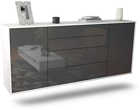 Dekati Sideboard Bridgeport hängend (180x77x35cm) Korpus Weiss matt - Front Hochglanz Grau - Push to Open - Leichtlaufschienen