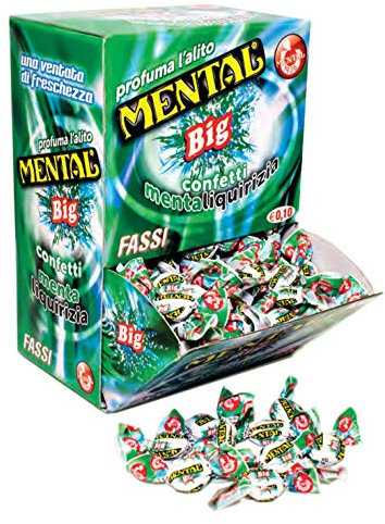 200 Confetti Mental BIG alla Menta e Liquirizia Mentolo. Caramelle Incartate singolarmente. Box da 200 Pz
