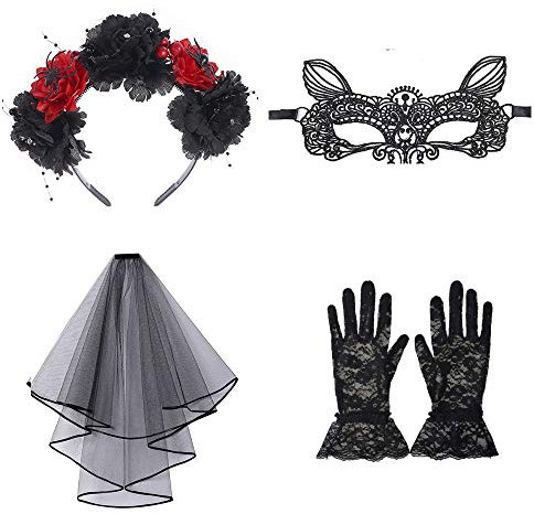 Lifreer Day of the Dead Halloween Costume Set include Headband, Black Veil, Lace Mask, Short Lace Gloves for Halloween Costume Accessory