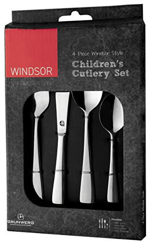 Grunwerg Windsor Carded 4-Piece Children’s Cutlery Box Set 4BXCHDWDR, 18/0 Stainless Steel, Silver