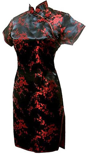 Robe courte chinoise courte Qipao élégante pour femme avec col mandarine Cheongsam - Noir - XXX-Large