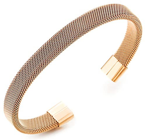 COOLSTEELANDBEYOND Elastico Regolabile, Oro Rosa Maglia Cavo Braccialetto del Polsino, Bracciale da Uomo Donna, Acciaio Inossidabile