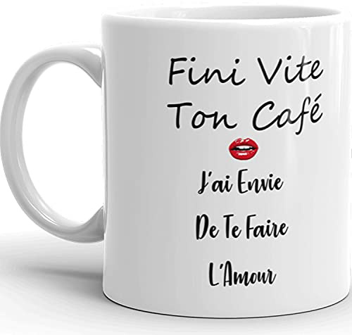 Kalféa Mug Humour fini ton café faire l'amour Tasse céramique drôle couple Qualité Idée Cadeau Originale Anniversaire Noël Fête homme femme mari époux épouse fiancé copain copine amoureux 325ml