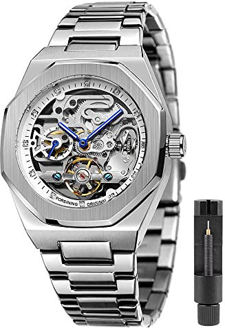 Tiong Silberne Schwarze mechanische Herren-Uhr-Mode-automatische Herren-Uhr-Edelstahl-wasserdichte Geschäfts-Skelett-Uhr