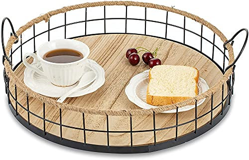 YRHH Bandeja de Servicio de 2 Piezas Bandeja de Madera rústica Bandeja Redonda de Hierro Forjado Bandeja de Comedor con Asas y Cuerda de cáñamo Natural Bandeja Decorativa Vintage 2 tamaños