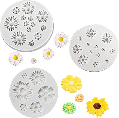 Blumen Kuchen Fondant Formen Mini Blumen Silikon Formen Gänseblümchen Silikon Mould 3D Blumen Form Silikon Backform für Candy Schokolade Fondant Kuchen Dekoration DIY Backen Dekoration, 3 Stück