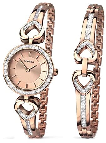 Sekonda Womens 26mm Classic Analogue Rose Gold Stone Set Bezel Watch with Heart Shaped Bracelet Gift Set
