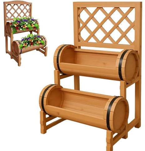 M-V-O Outdoor Patio Double Barrel Plant Stand, Wooden Garden Twin Barrel Planter With Trellis, Gardening Accessories Flower,Plant Pots For Growing,Climbing Plants (Natural)