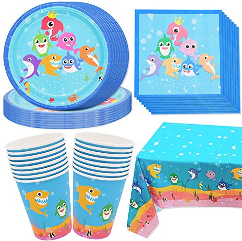 NA NA 49pcs Shark Party Tableware Set , Paper Plates, Paper Cups, Paper Towels, Tablecloths, Party Tableware -16 Guests