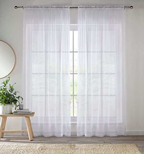 Enhanced Living White Voile Curtains for Living Room Panel Pair - 57 Wide x 48 Drop - Plain Woven Slot Top Sheer Curtains (57x48) 145x122cm
