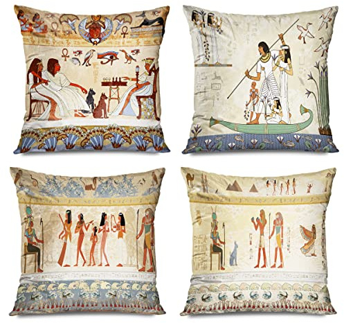 Set di 4 federe per cuscini in Egitto, 40 x 45 cm, murales antico Egitto Dei in pietra egiziana, mummia, storia mitologia piramidi, decorazione per la casa, cuscino decorativo per divano e divano