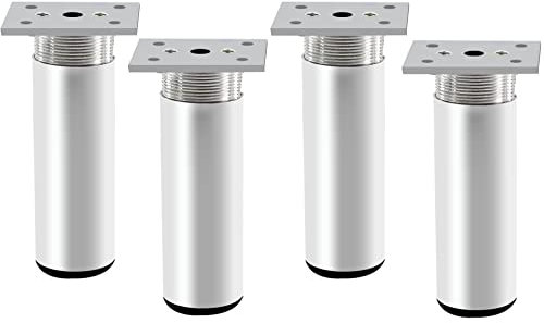 Rusoz 4 Pièces Pieds de Meuble Reglable,Pieds de Table Metal 100 mm Hauteur Pieds De Lit Alliage D'aluminium Argent Mat Rond Hauteur Réglable 0-20 mm avec Vis pour Canapé, Lit, Et Armoires