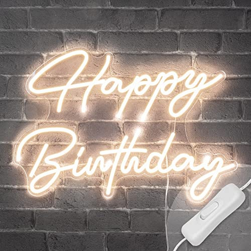 Neon LED Happy Birthday 58CM - Neon Mural Blanc Chaud sur Secteur - Lampe Neon Enseigne avec Interrupteur on/Off pour Decoration Anniversaire
