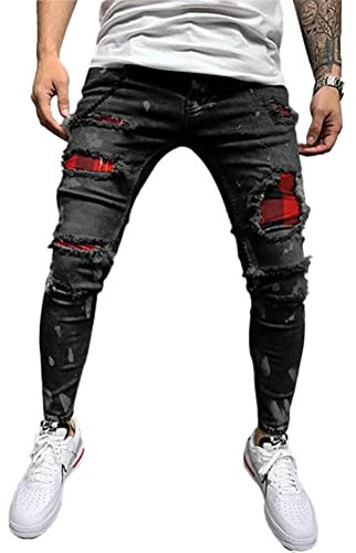 Osheoiso Herren Jeans Hose Slim Fit Denim Lange Destroyed Jeanshose für Männer Hip Hop Hose Coole Jungen Casual Stretch Freizeithose Schwarze Cargo Chino Hose A Schwarz XL
