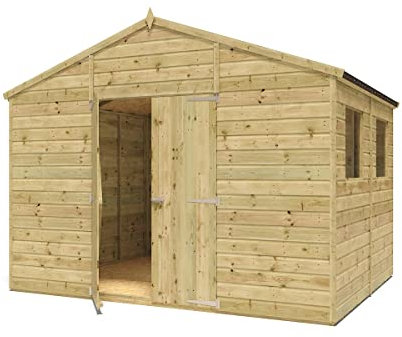 Project Timber 8 x 10 Pressure Treated Modular Hobbyist Tall Apex Wooden Garden Shed - Featuring Tongue & Groove Shiplap Cladding, Windowed Design, and Double Door Access
