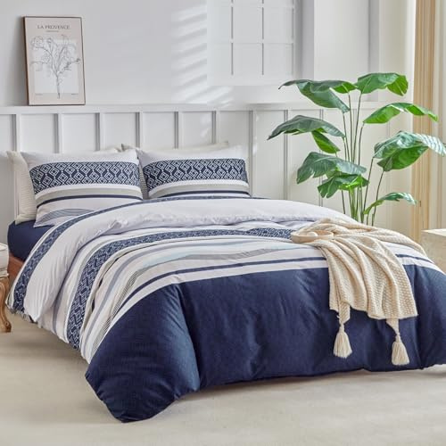 Lekesky King Size Duvet Cover Sets Blue Bedding, Boho Stripe Print Bedding Sets King Size (1x Quilt Cover, 2x Pillowcases) Ultra-Soft Blue Duvet Set 230x220 cm