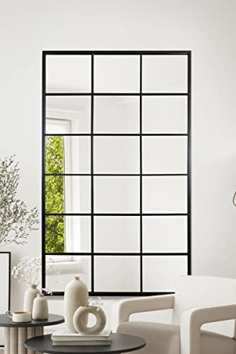 MirrorOutlet The Fenestra - Black Modern Window Full Length Leaner/Wall Mirror 79 X 47 (200CM X 120CM) Silver Mirror Glass with Black Metal Frame.
