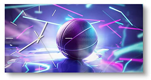 DEQORI Glasuhr | vertikal 60x30 cm | Motiv Inszenierter Basketball | große XXL Design Uhr aus Glas | leise Wanduhr für Wohnzimmer & Küche | Moderne Hingucker Uhr für die Wand