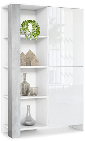 Vladon Highboard Canto, Made in Germany, hoher Schrank mit 2 Türen und 8 Fächern, Korpus Weiß matt, Fronten Weiß Hochglanz, Dekor-Paneele Beton Oxid Optik (95 x 151,5 x 36 cm)