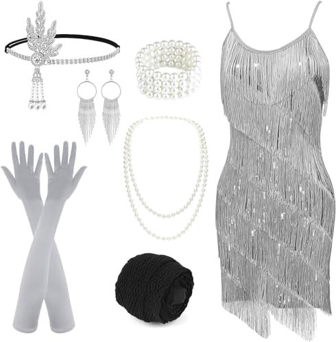 PLULON Damen 1920er Gatsby Pailletten Fransen Vintage Flapper Kleid Cocktailpartykleid mit 20er Jahre Accessoires Kostümset für Abendball (Grau)