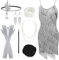 PLULON Damen 1920er Gatsby Pailletten Fransen Vintage Flapper Kleid Cocktailpartykleid mit 20er Jahre Accessoires Kostümset für Abendball (Grau)