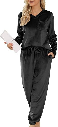 Vlazom Pigiami Donna Pigiami Due Pezzi A Maniche Lunghe Invernali Caldo Pile Morbido Pigiama,Nero,XXL