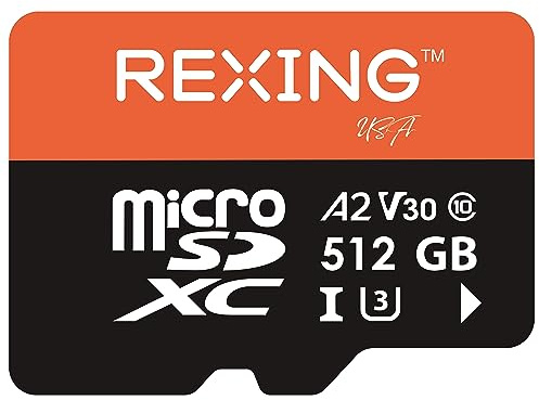 RexingUSA Carte microSD 512 Go – Carte mémoire 512 Go pour caméra embarquée Classe 10, A2, V30, U3, enregistrement vidéo 4K, UHS-3, carte mémoire haute vitesse, carte mémoire ultra-large