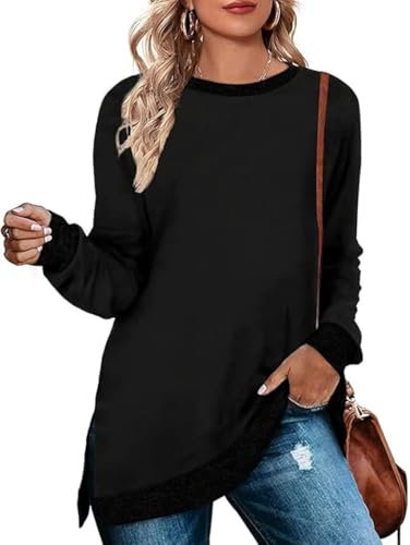 Cuptacc Suéter De Mujer Invierno Cuello Redondo Cómodo 2024 Moda Camiseta Mujer Manga Larga Delgado Causal Pullover Abertura Lateral Suéteres Elegantes, Negro , M