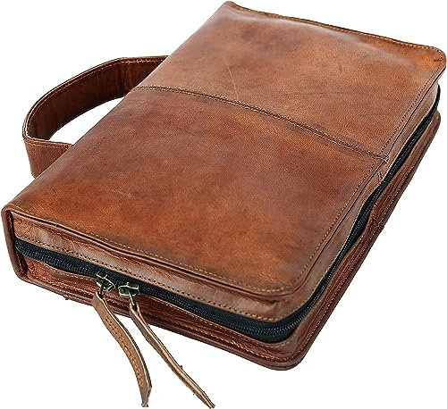 Vintage Crafts Buchhülle mit Griff und Rückentasche (mittel) aus 100% Ziegenleder mit YKK-Reißverschluss in Braun