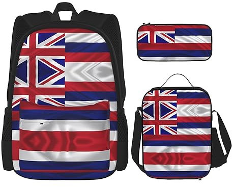 ZYVIA Amerikanische Flagge von Hawaii 3-teiliges Taschen-Rucksack Lunchtasche und Bleistiftbeutel-Set stark und verschleißfest große Kapazität für Schulen Bergsteigen Training, Schwarz , Einheitsgröße