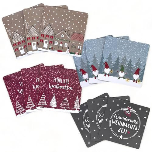 MIJOMA 12er Set Untersetzer Glasuntersetzer Weihnachtsuntersetzer, Weihnachten charmante Motive, sicherer Halt Dank Korkunterseite, hitzebeständig, 9,5x9,5 cm – für die Festliche Tischdekoration