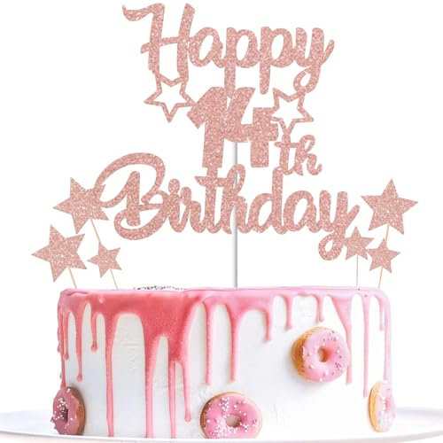 Gidobo 14th Birthday Cake Toppers, Rose Gold Glittery Cake Decorations with Stars, Fourteen Years Old Birthday Party Supplies for Girls