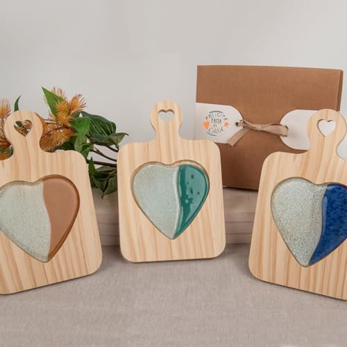Doni Bomboniere Matrimonio 3PZ Tagliere Rettangolare con Manico Nozze Utili Amore Romantiche Anniversario Cucina Decorativo Intaglio A Forma di Cuore al Centro c'è Un Bellissimo in Vetro Assortito
