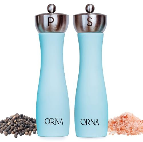 ORNA Salt and Pepper Grinder Set Wooden Pack of 2 – Refillable Adjustable Coarseness Manual Spice Mill Set in Gift Box – 8.5 in / 21.5 cm – Turquoise