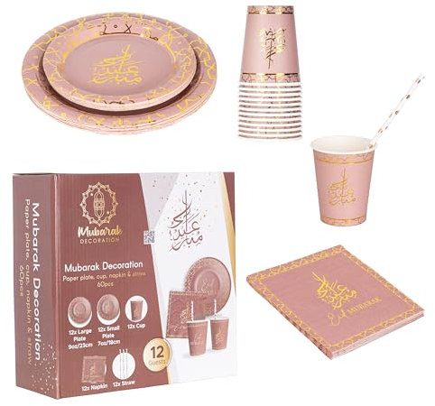 EID MUBARAK Décoration – Kit Vaisselle Jetable – 60 PCS – 12x Grande Assiette, Moyen Plat, Gobelets, Pailles et Serviettes (Poudré 2024)