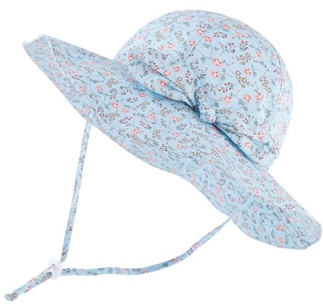 LACOFIA Baby Mädchen Sonnenhut UPF 50+ UV Schutz Kleinkind Sommer Baumwolle Mütze Strandhut Visierkappe mit Verstellbarem Kinnriemen Hellblaue Blumen 6-18 Monate