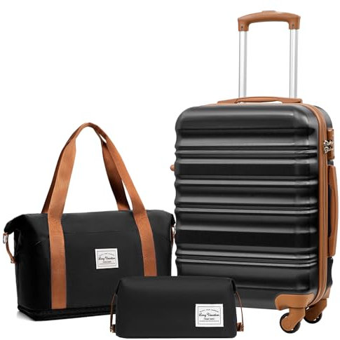 LONG VACATION Valise bagage à main, valise à roulettes, valise de voyage, coque rigide, 4 roulettes, serrure TSA - La valise contient 1 sac de voyage et 1 trousse de toilette, noir/marron,