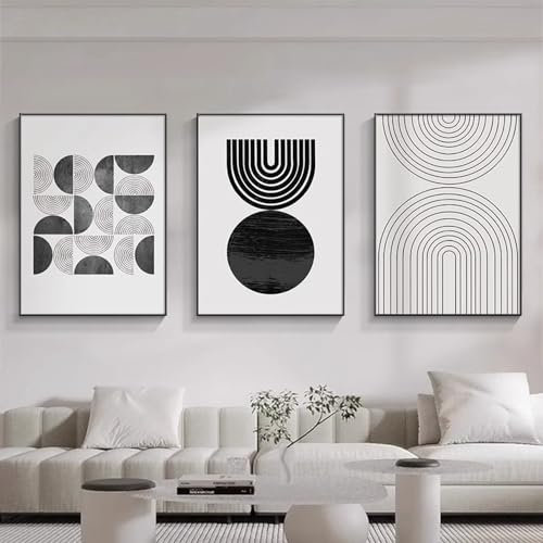 Abstrakt Leinwand Poster 3er Set Schwarz Weiß Grau Geometrische Line Bilder Modern Minimalistisch Wohnzimmer Leinwandbilder Ohne Rahmen (Schwarz Weiß,40x60 cm)