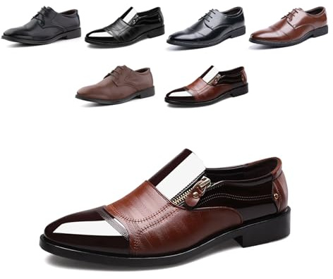 Derbies Shoes Men Oxford Shoes Classic Brogues Casual Patent Leather Lace Up Formal Dress Shoes Business Wedding Lightweight Non-Slip GJA1119 Brown UK 7.5