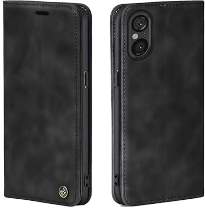 LBH Handyhülle für Sony Xperia 5 V in Schwarz mit Karten- und Geldfach Smartphone Hülle mit Standfunktion Flip Case Schutzhülle Magnetverschluss Vintage