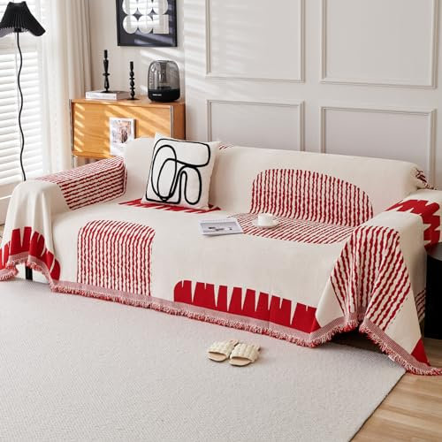 VanderHOME Chenille Couch Überwurf, Sofa Überzug 1/2/3/4 Sitzer, Multifunktionaler Sofabezug, Doppelseitige Sofa Cover Couch Überwurf für Sofa und Bett 180 * 340cm-Rot