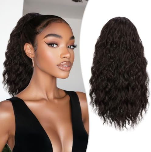 RUWISS Haarteil Dunkelbraun Lockig Pferdeschwanz, 40cm Clip in Gewellt Ponytail Extension Lang Pferdeschwanz Zopf Extensions Synthetik Haarverlängerung für Frauen Damen