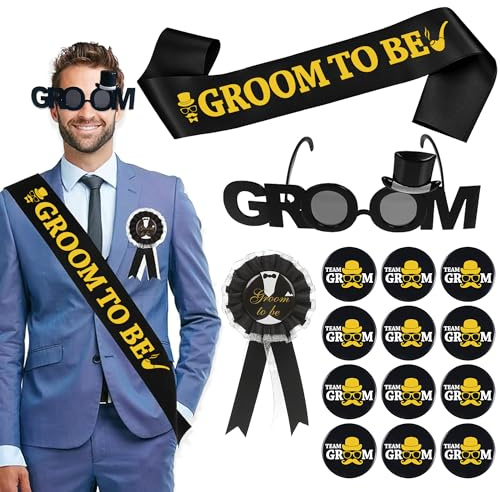 Set di 15 accessori da uomo per addio al celibato e oro, con occhiali da sposo, fascia per sposo per essere sposo e squadra, per addio al celibato, fidanzamento, matrimonio, feste, sposo per essere