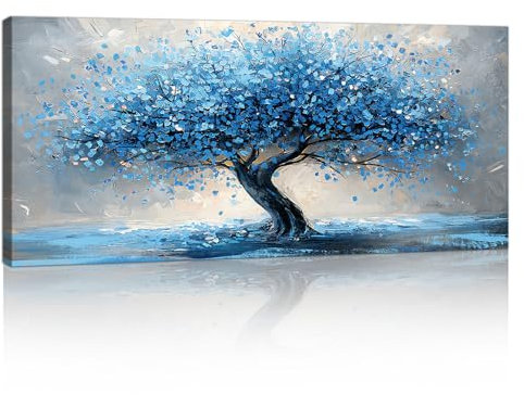 Grande Abstraits Bleu Gris Fleurs Arbres Tableau Murale Decoration, Cadre en Bois Nature Paysage Impression Sur Toile Peintures Poster Sur Toile Mural Salon Tableau Decor Chambre prêt accrocher 50x120