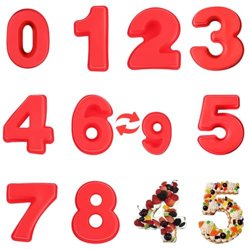 YXHZVON 9 PCS Number Cake Pans, 3D Large Silicone Numbers Cake Molds, DIY Baking Cake Forms, Non-Stick Cake Pans for Birthday and Anniversary (0-8, Red)